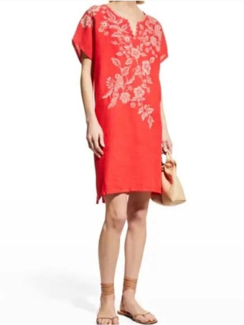 Johnny Was Shift Dress Women's Sz 3X Linen Red Wht Embroidered Tunic Floral